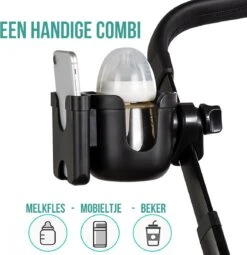 Merkloos Allernieuwste Universele Bekerhouder PLUS Telefoonhouder Voor Kinderwagen, Buggy En Fiets - Kinderwagen Accessoires - Combi 2-in-1 - ZWART -Kinderwagen- En Accessoirewinkel 1161x1200