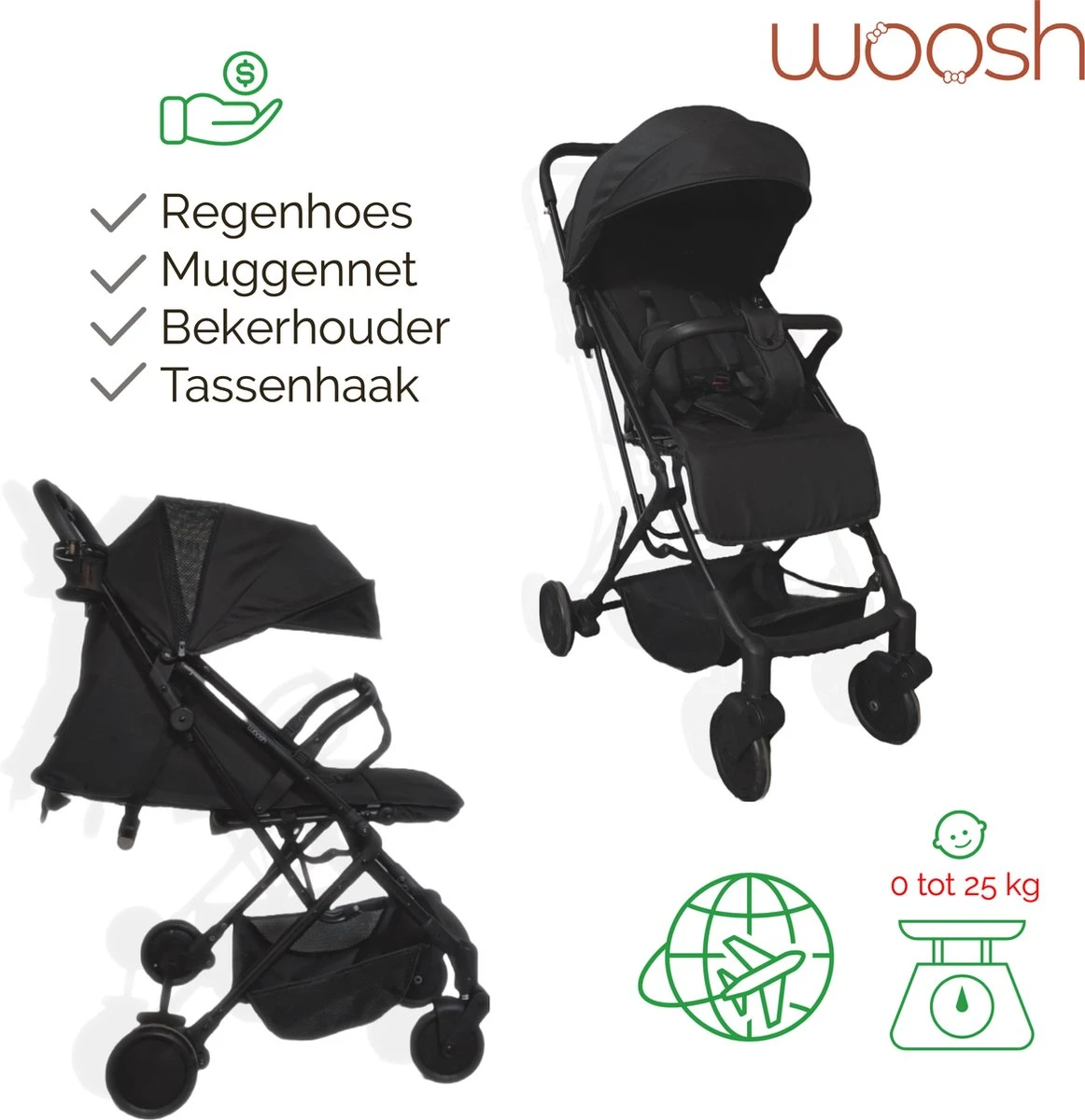 WOOSH New Buggy - Zwart - One Hand Folding - 3 Slaapstanden - Wandelwagen Tot 25 Kg - Regenhoes - Bekerhouder - Muggennet 3 WOOSH New Buggy - Zwart - One Hand Folding - 3 Slaapstanden - Wandelwagen Tot 25 Kg - Regenhoes - Bekerhouder - Muggennet
