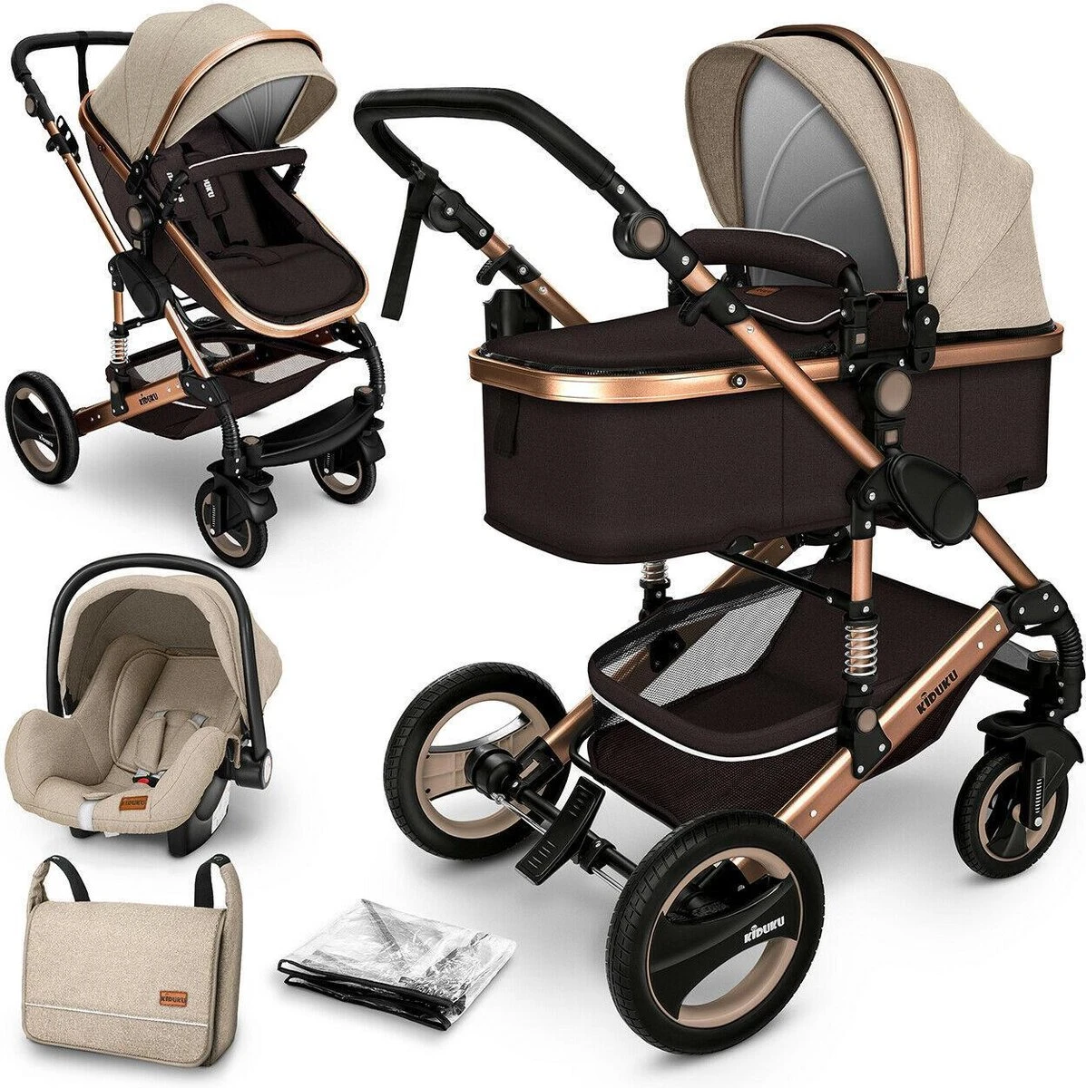 KIDUKU- 3 In 1 Combi-kinderwagen- Bruin/goud- Buggy Incl. Autostoeltje-regenhoes- Inklapbaar 3 KIDUKU- 3 In 1 Combi-kinderwagen- Bruin/goud- Buggy Incl. Autostoeltje-regenhoes- Inklapbaar