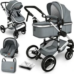 KIDUKU- 3 In 1 Combi-kinderwagen- Grijs/zilver- Buggy Incl. Autostoeltje-regenhoes- Inklapbaar