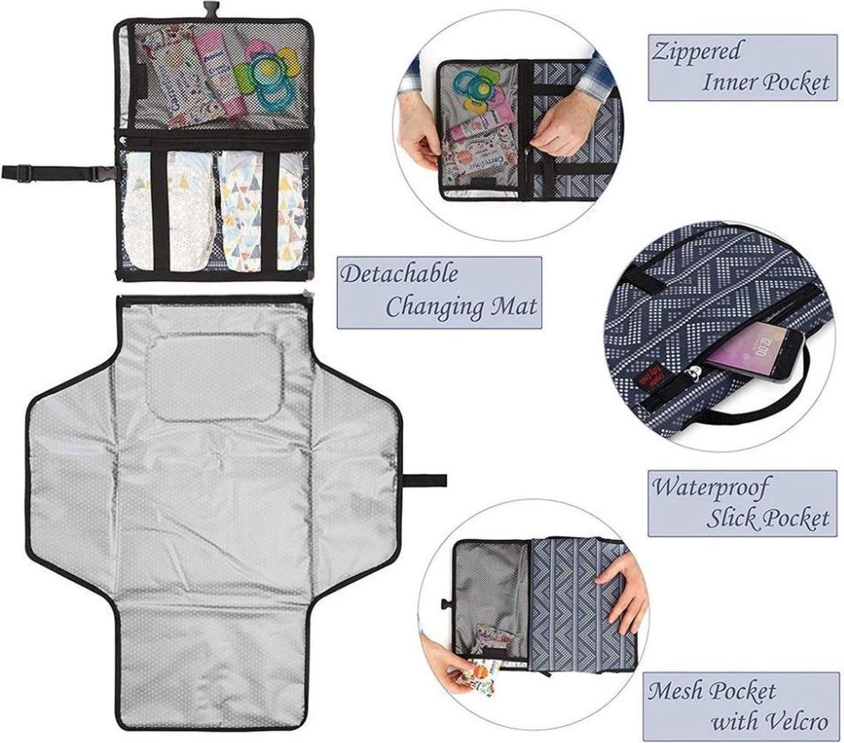 LOUZIR Baby Onderweg Verschonen -Verschoningsmatje Opvouwbaar Waterdicht Luiertas – Donker Blauw 5 LOUZIR Baby Onderweg Verschonen -Verschoningsmatje Opvouwbaar Waterdicht Luiertas – Donker Blauw - Afbeelding 3