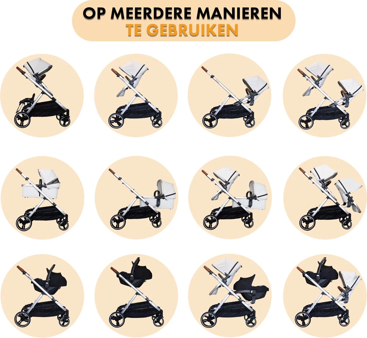 Deryan Evy Kinderwagen - Duo Kinderwagen - Uitbreidbaar - Inclusief Reiswieg - Creme 9 Deryan Evy Kinderwagen - Duo Kinderwagen - Uitbreidbaar - Inclusief Reiswieg - Creme - Afbeelding 7