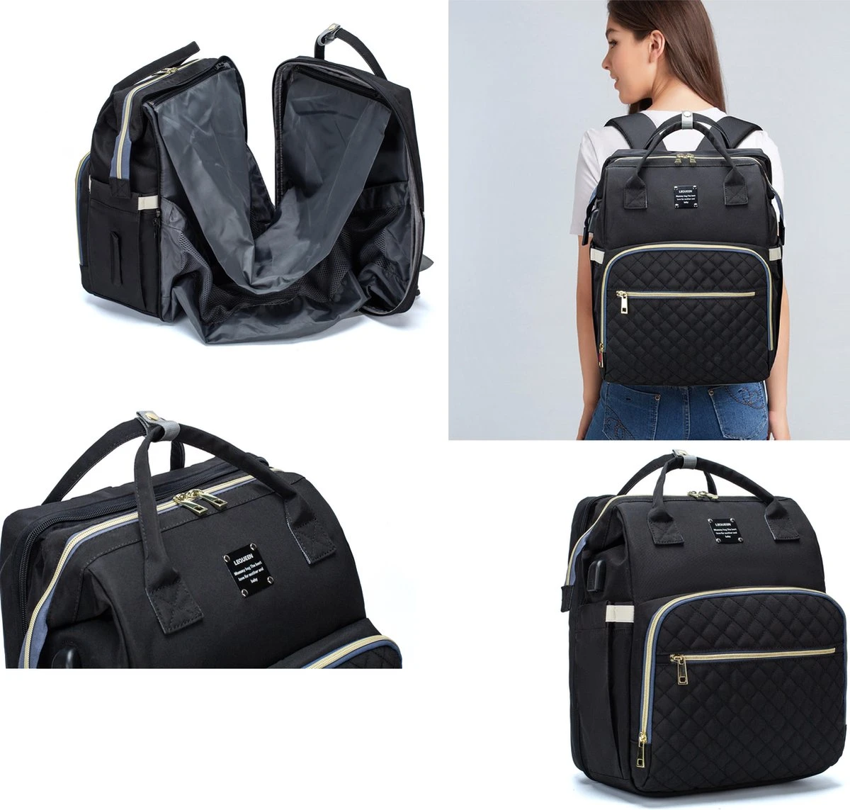 Luiertas - Multifuctioneel Luiertas 3 In 1 - Met Babybedje - Met Verschoningsmatje - Zwart - Met Usb - Met Verdikt Matras 9 Luiertas - Multifuctioneel Luiertas 3 In 1 - Met Babybedje - Met Verschoningsmatje - Zwart - Met Usb - Met Verdikt Matras - Afbeelding 7