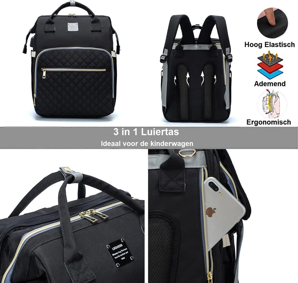 Luiertas - Multifuctioneel Luiertas 3 In 1 - Met Babybedje - Met Verschoningsmatje - Zwart - Met Usb - Met Verdikt Matras 11 Luiertas - Multifuctioneel Luiertas 3 In 1 - Met Babybedje - Met Verschoningsmatje - Zwart - Met Usb - Met Verdikt Matras - Afbeelding 9