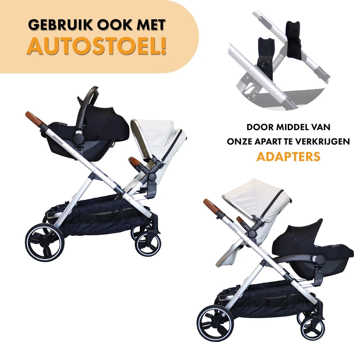 Deryan Evy Kinderwagen - Duo Kinderwagen - Uitbreidbaar - Inclusief Reiswieg - Creme 8 Deryan Evy Kinderwagen - Duo Kinderwagen - Uitbreidbaar - Inclusief Reiswieg - Creme - Afbeelding 6