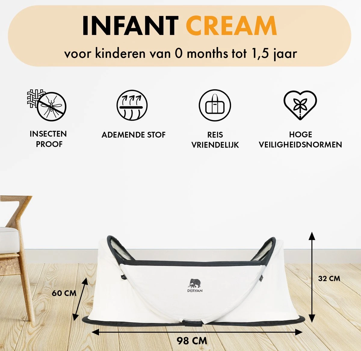 Deryan Infant BabyBox Campingbedje - Baby Klamboe - Cream 4 Deryan Infant BabyBox Campingbedje - Baby Klamboe - Cream - Afbeelding 2