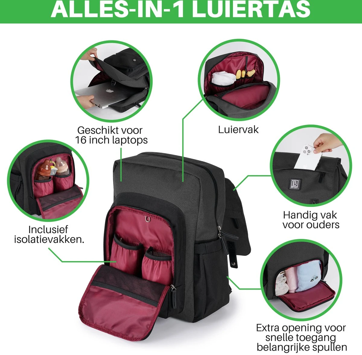 Brisby Slijtvaste Luiertas – Verzorgingstas - Two Tone Zwart En Donkergrijs - Inclusief Verschoonmatje - Isoleervakken - Met Geïntegreerde Kinderwagen Haken 4 Brisby Slijtvaste Luiertas – Verzorgingstas - Two Tone Zwart En Donkergrijs - Inclusief Verschoonmatje - Isoleervakken - Met Geïntegreerde Kinderwagen Haken - Afbeelding 2