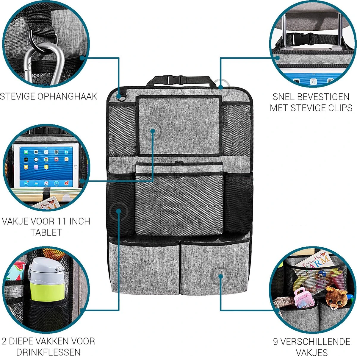 Vannons - Autostoel Organizer - Auto Organizer Voor Kinderen - Met IPadhouder - Grijs 7 Vannons - Autostoel Organizer - Auto Organizer Voor Kinderen - Met IPadhouder - Grijs - Afbeelding 5