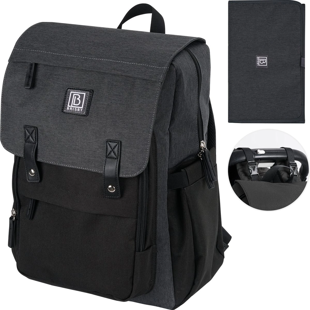 Brisby Slijtvaste Luiertas – Verzorgingstas - Two Tone Zwart En Donkergrijs - Inclusief Verschoonmatje - Isoleervakken - Met Geïntegreerde Kinderwagen Haken 3 Brisby Slijtvaste Luiertas – Verzorgingstas - Two Tone Zwart En Donkergrijs - Inclusief Verschoonmatje - Isoleervakken - Met Geïntegreerde Kinderwagen Haken