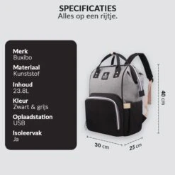 Buxibo Luier- En Verzorgingstas Inclusief USB Oplaadstation - Baby Rug Tas Met Isoleervak - Diaper Backpack Bag - Reis Rugzak - Grote Capaciteit - 23.8L - Zwart -Kinderwagen- En Accessoirewinkel 1200x1200 1231