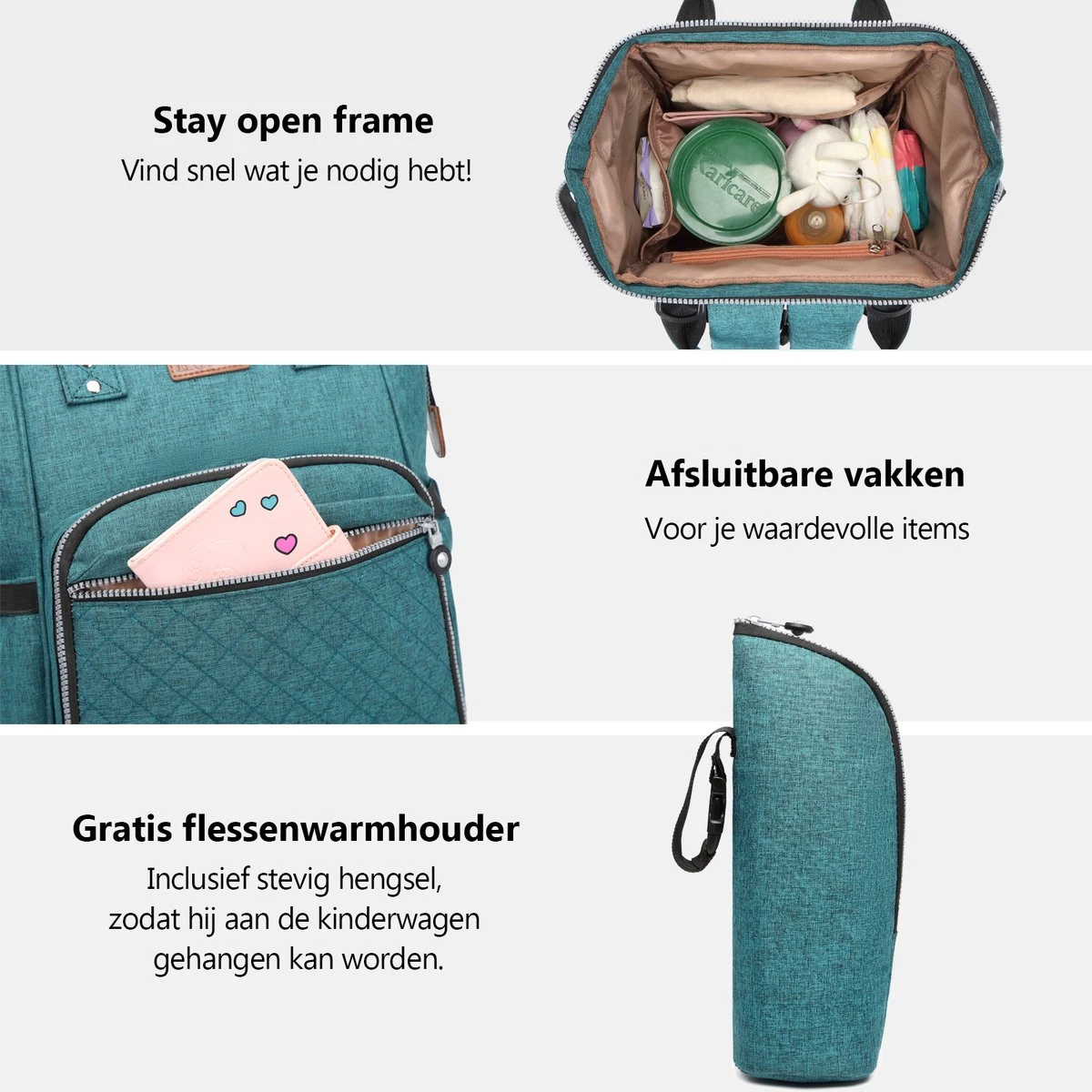 Miss Lulu Luiertas Rugzak - Inclusief Buggy En Kinderwagen Haken - Groen (E6705 GN) 5 Miss Lulu Luiertas Rugzak - Inclusief Buggy En Kinderwagen Haken - Groen (E6705 GN) - Afbeelding 3