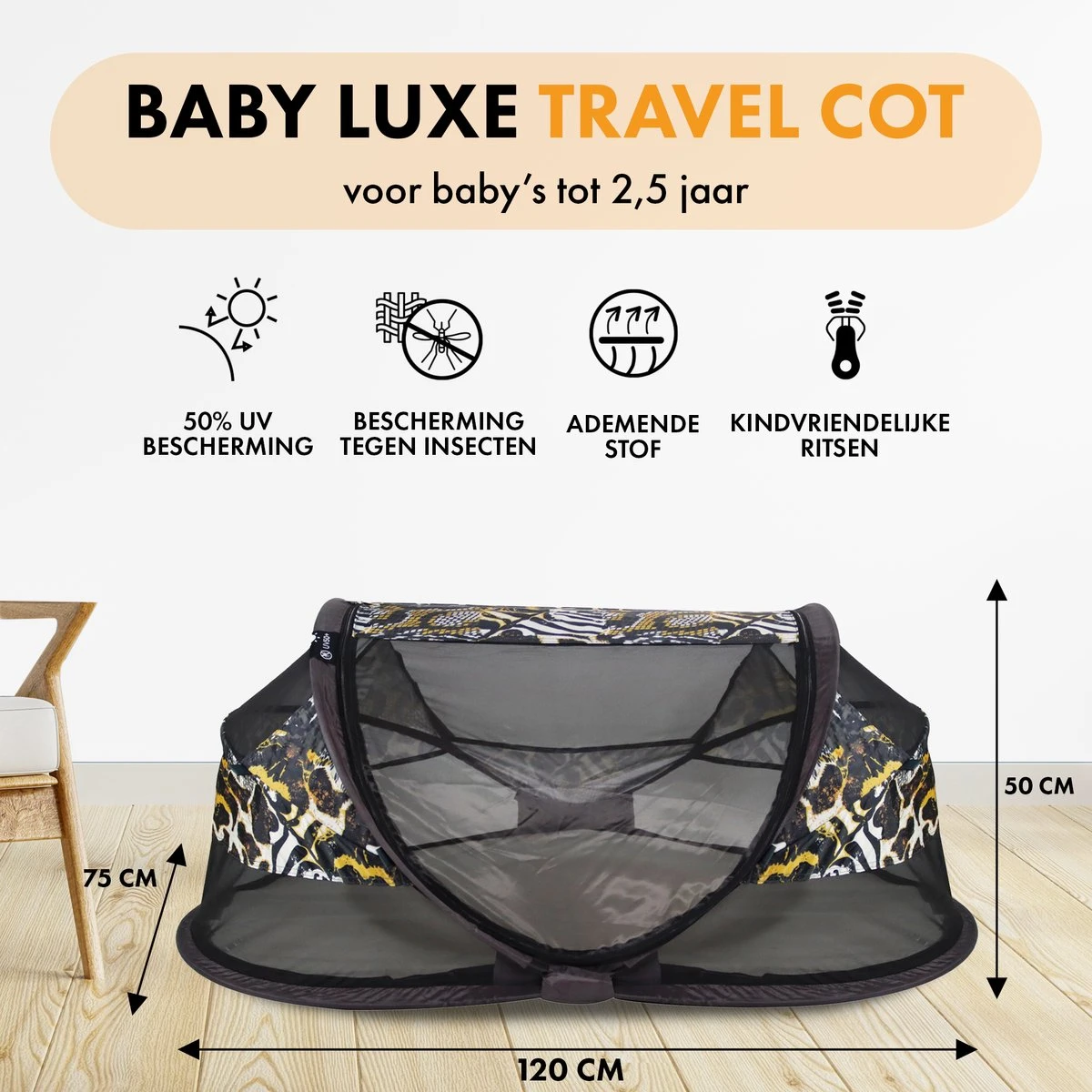 Deryan Baby Luxe Campingbedje – Inclusief Zelfopblaasbare Matras - Zoo 4 Deryan Baby Luxe Campingbedje – Inclusief Zelfopblaasbare Matras - Zoo - Afbeelding 2