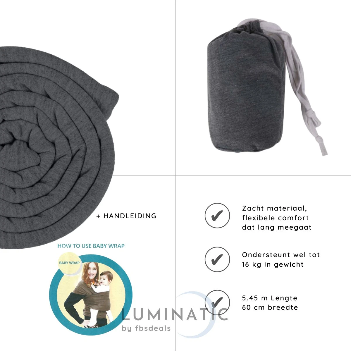 Baby Draagdoek - Babywrap - Baby Carrier - Babydrager - Buikdrager Baby – Baby Draagzak - Baby Sling | Luminatic® | Ergonomisch | Met Tasje | Donker Grijs 7 Baby Draagdoek - Babywrap - Baby Carrier - Babydrager - Buikdrager Baby – Baby Draagzak - Baby Sling | Luminatic® | Ergonomisch | Met Tasje | Donker Grijs - Afbeelding 5