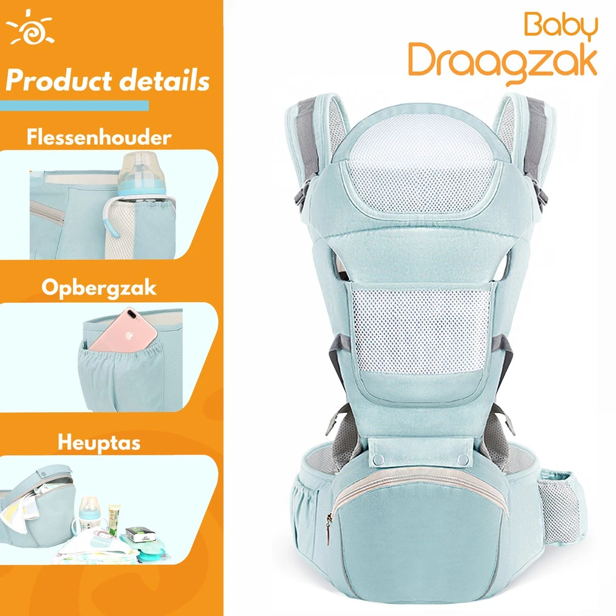 Moxica Draagzak Baby - Draagdoek - Carrier - Kinderdrager - Babydrager - Drager 8 Moxica Draagzak Baby - Draagdoek - Carrier - Kinderdrager - Babydrager - Drager - Afbeelding 6