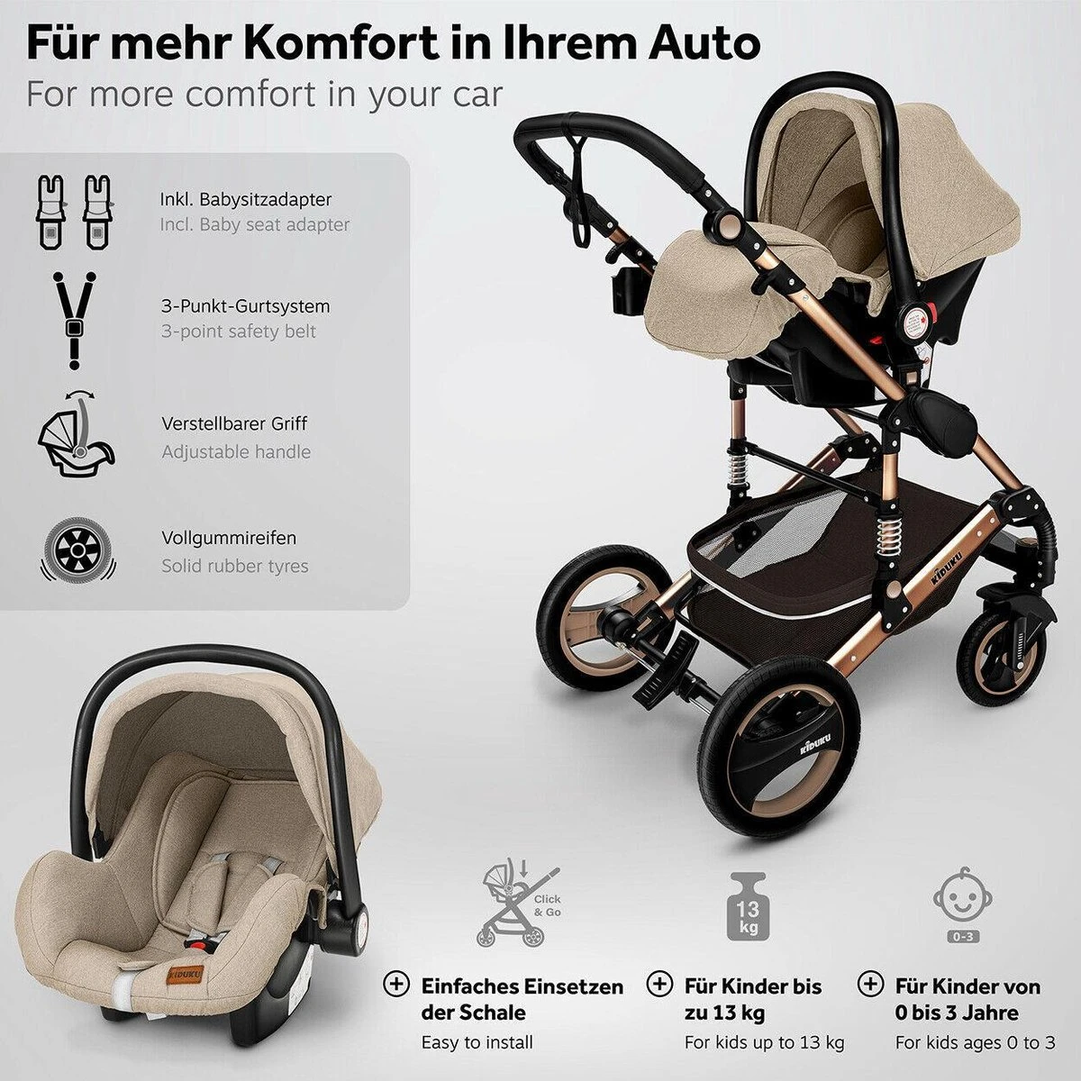 KIDUKU- 3 In 1 Combi-kinderwagen- Bruin/goud- Buggy Incl. Autostoeltje-regenhoes- Inklapbaar 4 KIDUKU- 3 In 1 Combi-kinderwagen- Bruin/goud- Buggy Incl. Autostoeltje-regenhoes- Inklapbaar - Afbeelding 2