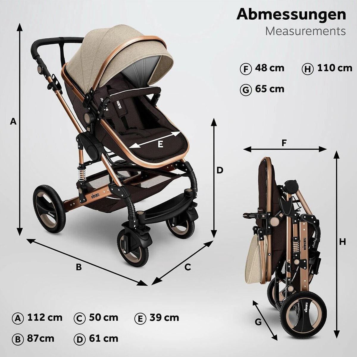 KIDUKU- 3 In 1 Combi-kinderwagen- Bruin/goud- Buggy Incl. Autostoeltje-regenhoes- Inklapbaar 9 KIDUKU- 3 In 1 Combi-kinderwagen- Bruin/goud- Buggy Incl. Autostoeltje-regenhoes- Inklapbaar - Afbeelding 7