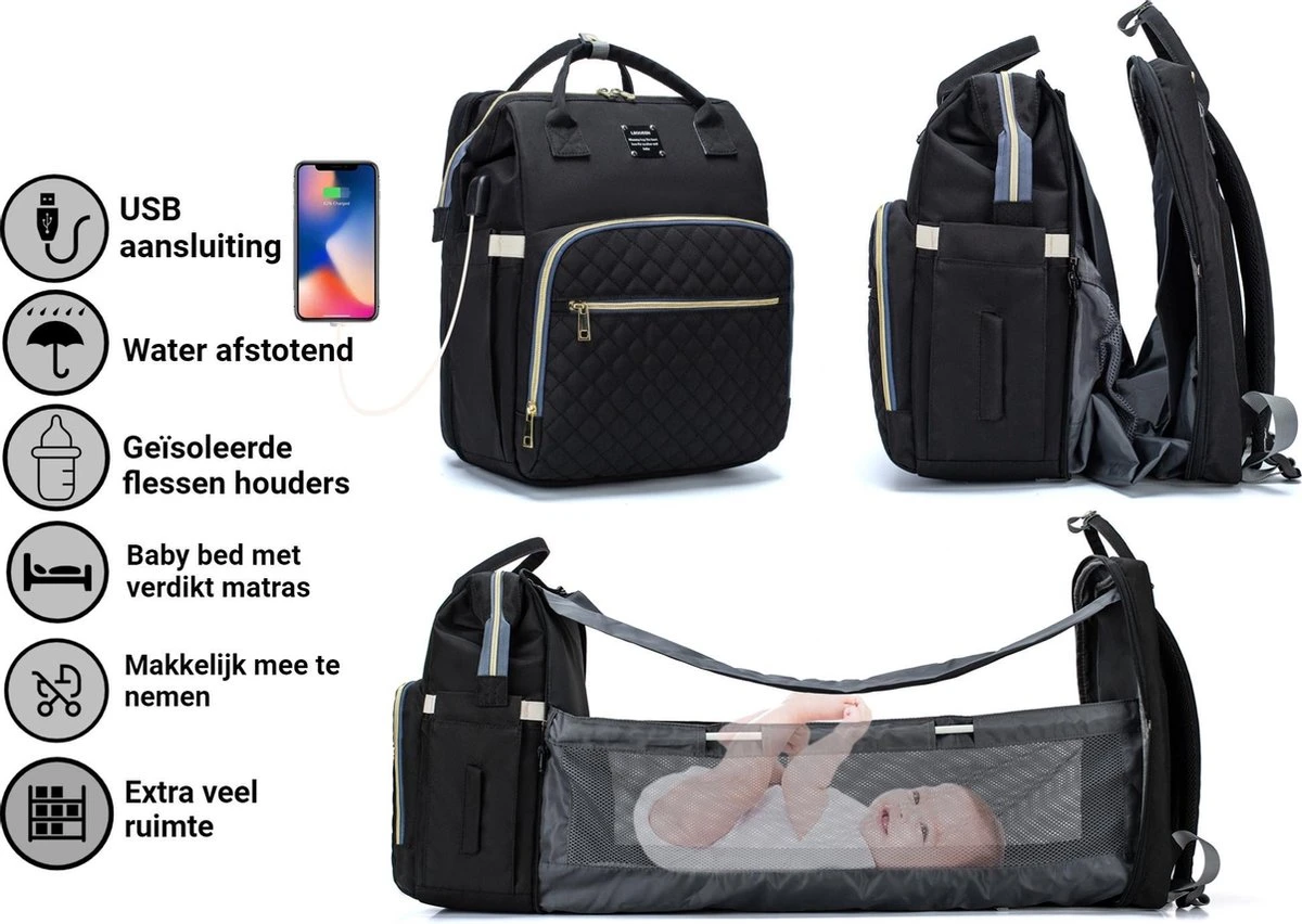 Luiertas - Multifuctioneel Luiertas 3 In 1 - Met Babybedje - Met Verschoningsmatje - Zwart - Met Usb - Met Verdikt Matras 3 Luiertas - Multifuctioneel Luiertas 3 In 1 - Met Babybedje - Met Verschoningsmatje - Zwart - Met Usb - Met Verdikt Matras