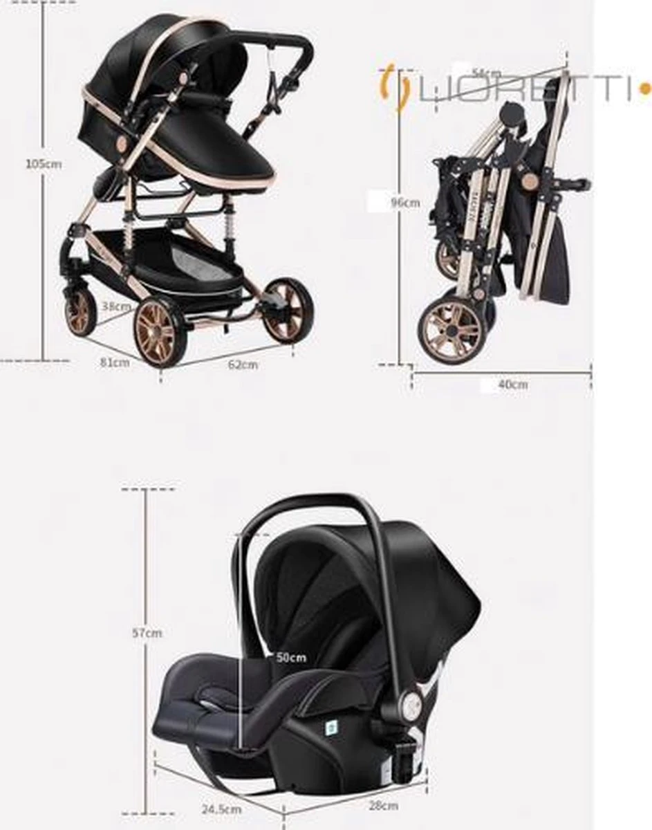 Merkloos Lioretti® Luxe Baby Buggy 3 In 1 | Baby Wagen | Kinderwagen Met Stoel En Wieg | Inklapbaar | Hoge Kwaliteit | Combi | Zwart 13 Merkloos Lioretti® Luxe Baby Buggy 3 In 1 | Baby Wagen | Kinderwagen Met Stoel En Wieg | Inklapbaar | Hoge Kwaliteit | Combi | Zwart - Afbeelding 11